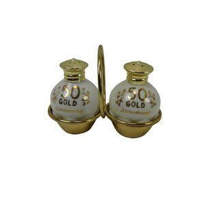 Vintage Japan 50TH Gold Anniversary Salt And Pepper Shakers 2.5" W/Stand